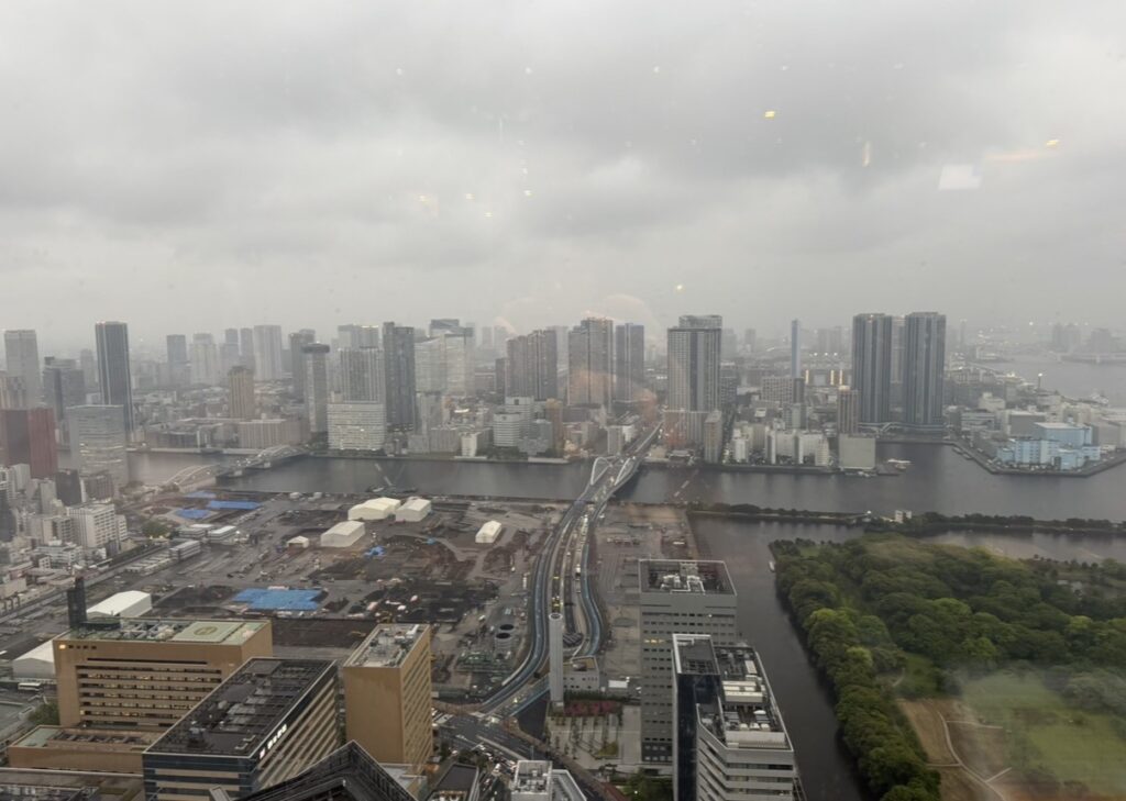 北の味紀行と地酒 北海道 カレッタ汐留店の46階から見た東京湾エリアの景色。高層ビルや川、道路が広がる開放感のある眺望。