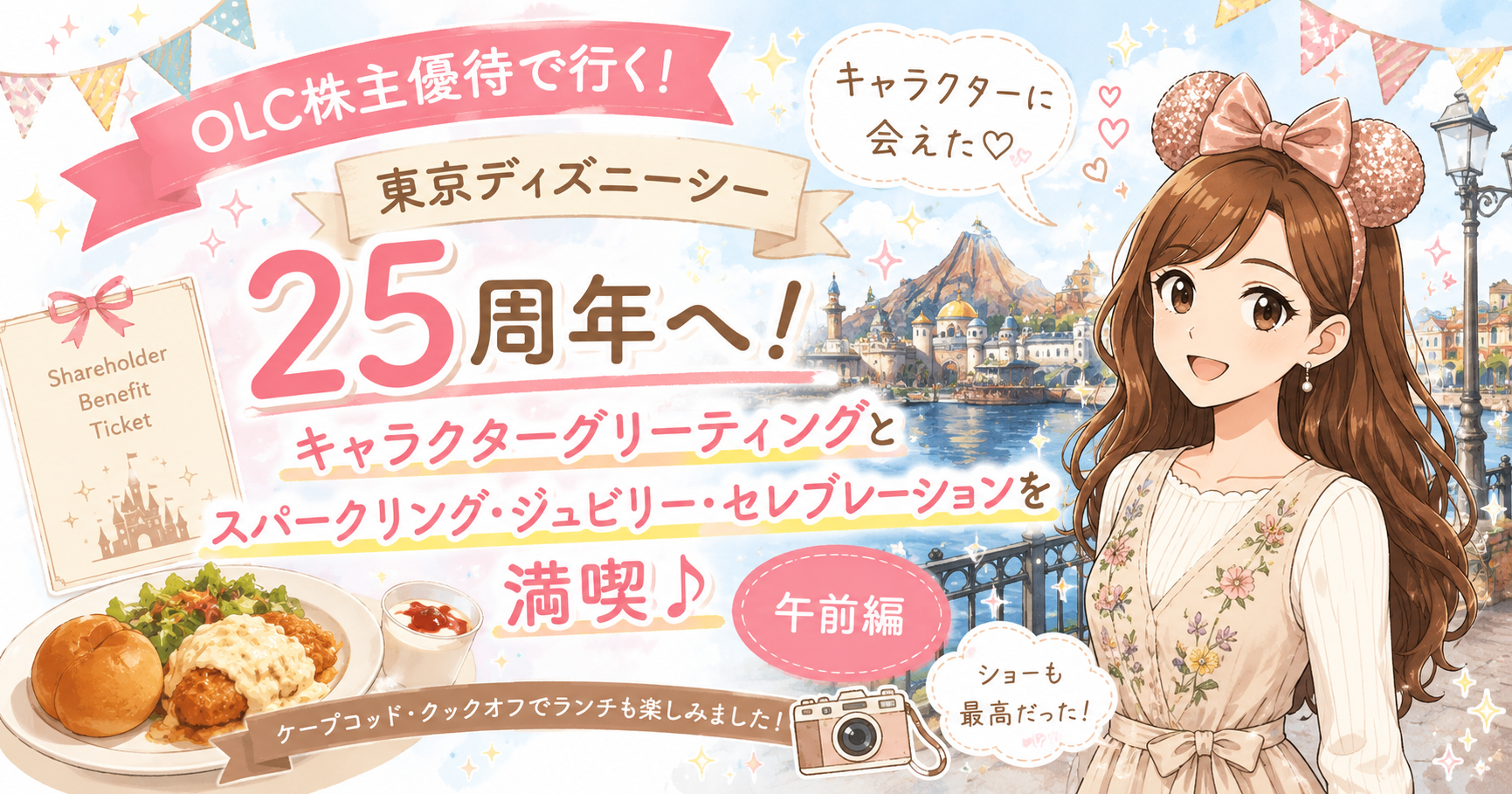 東京ディズニーシー25周年をOLC株主優待で満喫!キャラクターグリーティングやスパークリング・ジュビリー・セレブレーション、ケープコッド・クックオフでのランチを楽しむブログ運営者COCOのイラスト入りアイキャッチ【午前編】