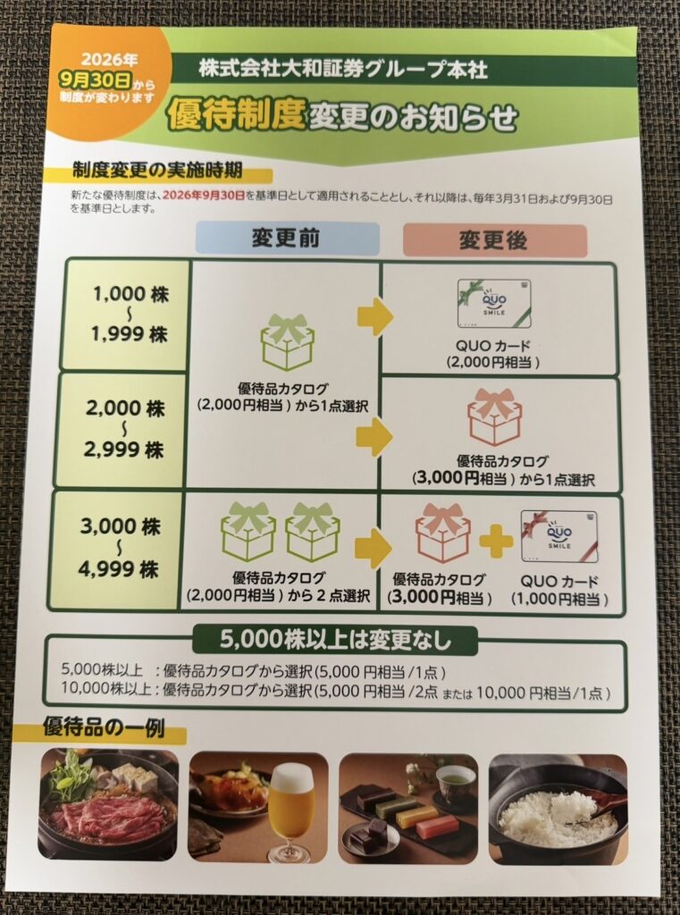 大和証券グループ本社の2026年株主優待制度変更のお知らせ。1,000株保有は優待カタログから2,000円分のQUOカードへ変更される案内。
