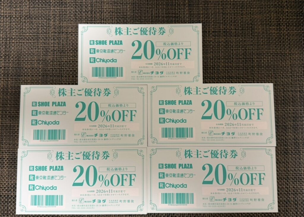 チヨダの株主優待券5枚。100株保有で受け取った20％OFF優待券の全体写真。