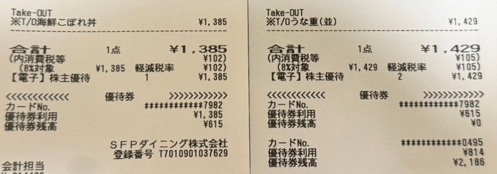 クリレス株主優待を利用した磯丸水産テイクアウトのお会計レシート。