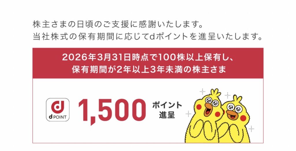 NTT(9432)の株主優待で2年以上継続保有した株主に進呈されるdポイント1,500ポイントの案内。