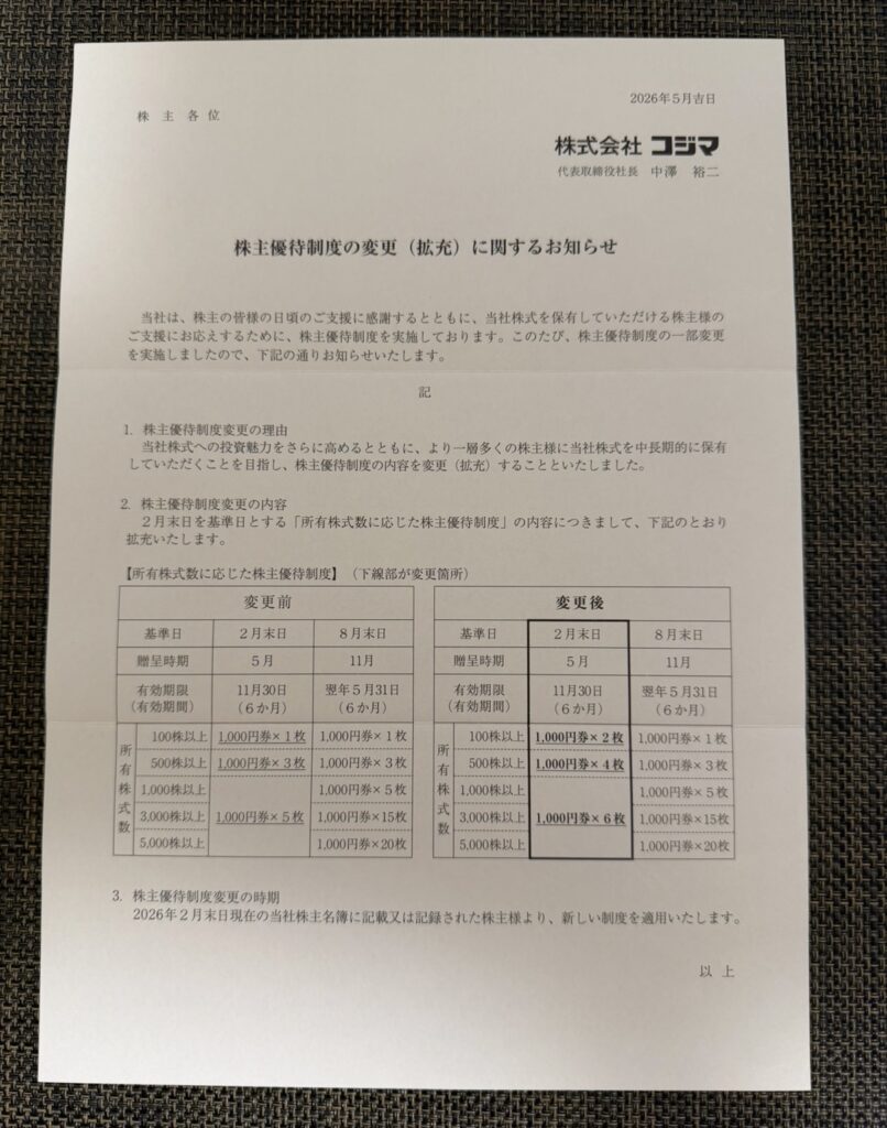 コジマの株主優待制度拡充のお知らせ（2026年2月権利分から優待券が増額）