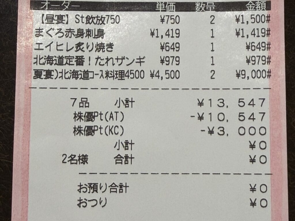 北の味紀行と地酒 北海道で13,547円分を株主優待ポイントで支払ったレシート。