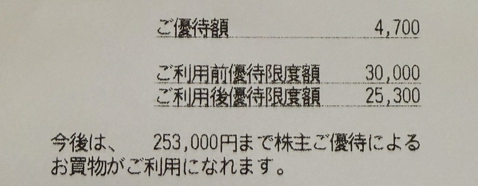 三越伊勢丹の株主優待カード利用後のレシートに表示された優待限度額253,000円。